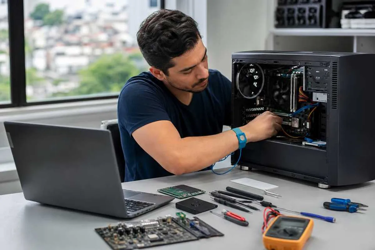 Técnico consertando computador e notebook em bancada de informática na Trindade