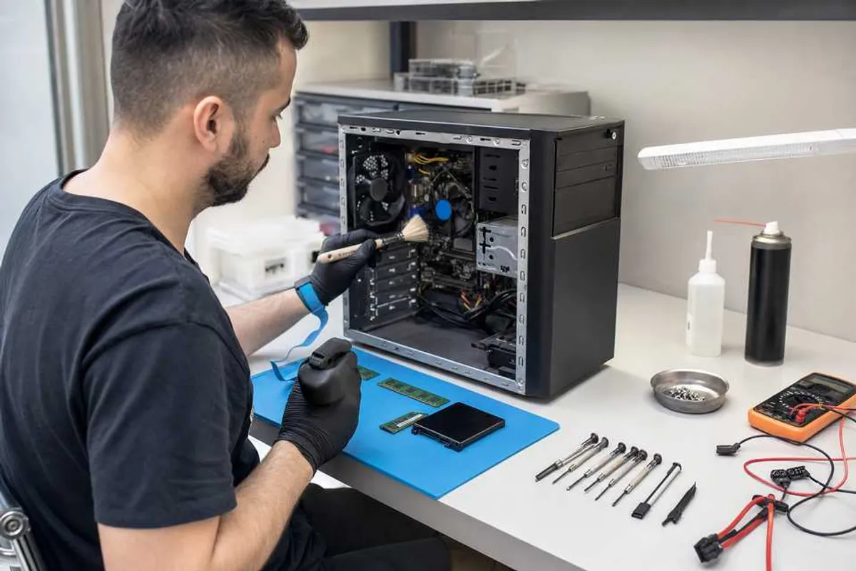 Técnico fazendo diagnóstico e conserto de computador em bancada