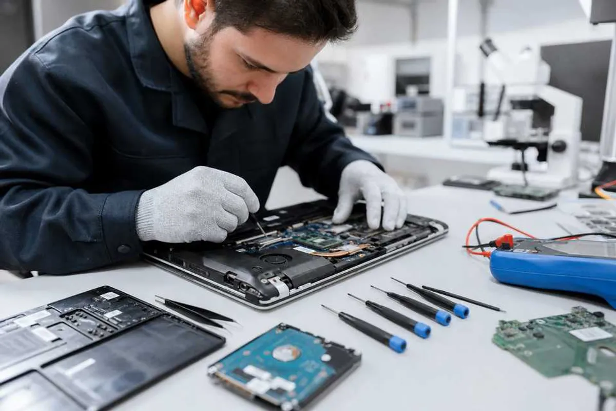 Técnico realizando conserto de notebook em bancada de assistência de computador