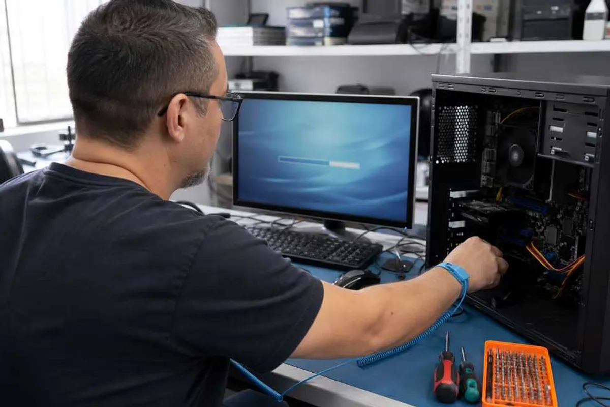 Técnico preparando formatação de computador em bancada de assistência técnica