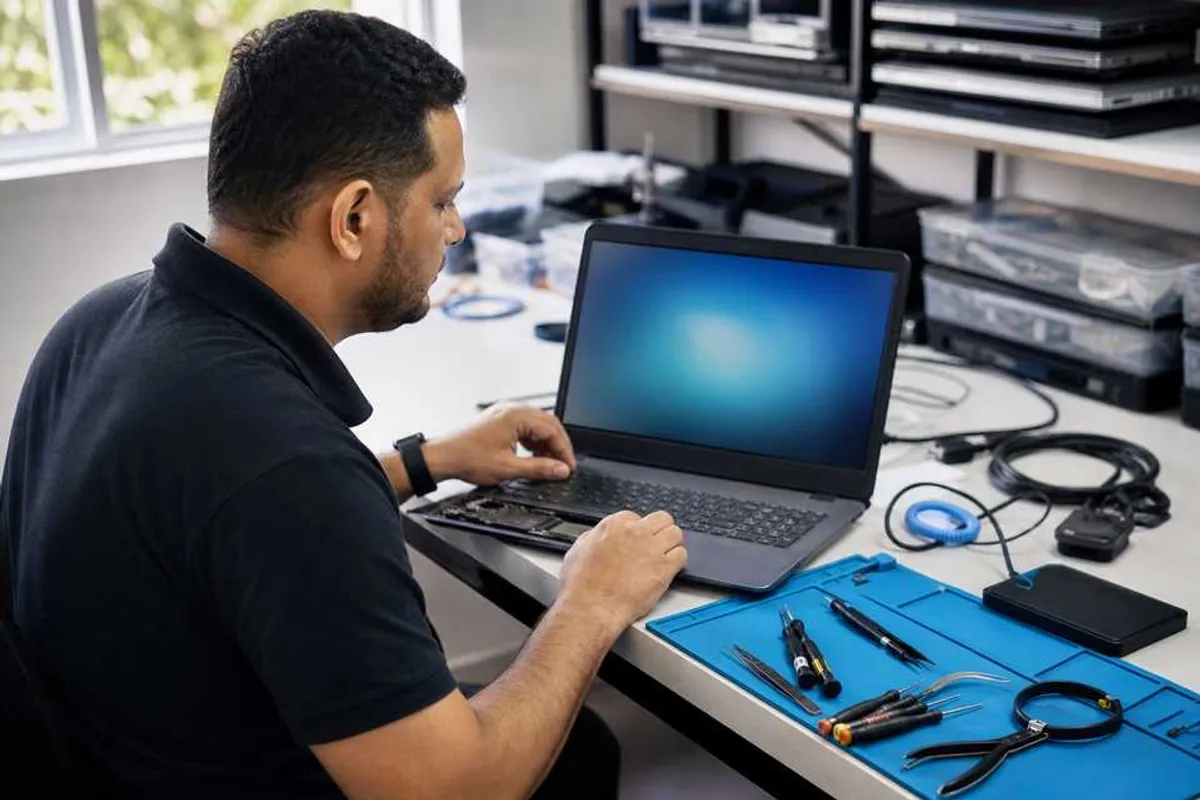 Técnico formatando notebook em bancada de assistência de computador na Trindade