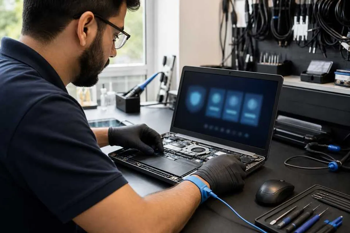 Técnico removendo vírus e malware de notebook em assistência de computador na Trindade