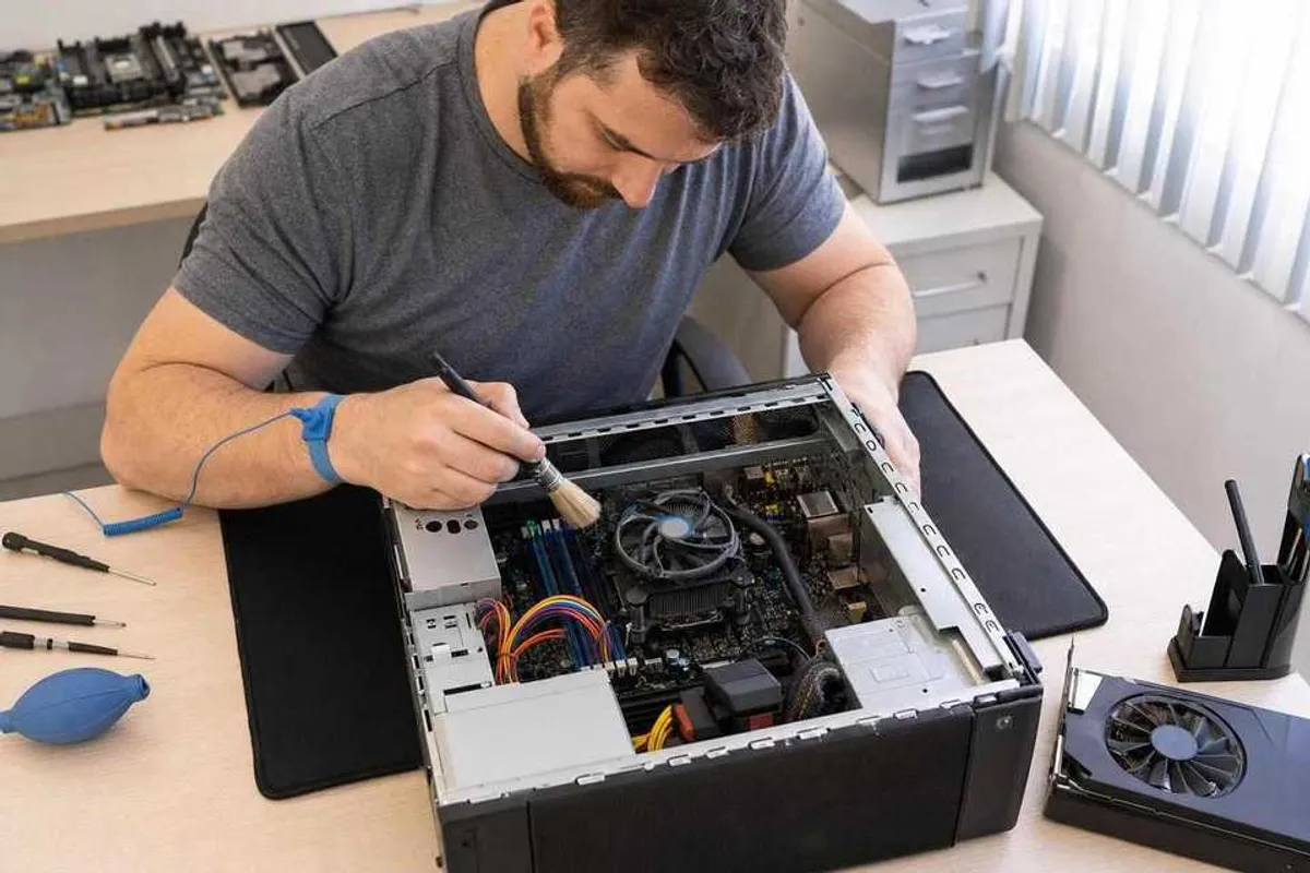 Técnico realizando limpeza interna de computador em bancada de assistência técnica