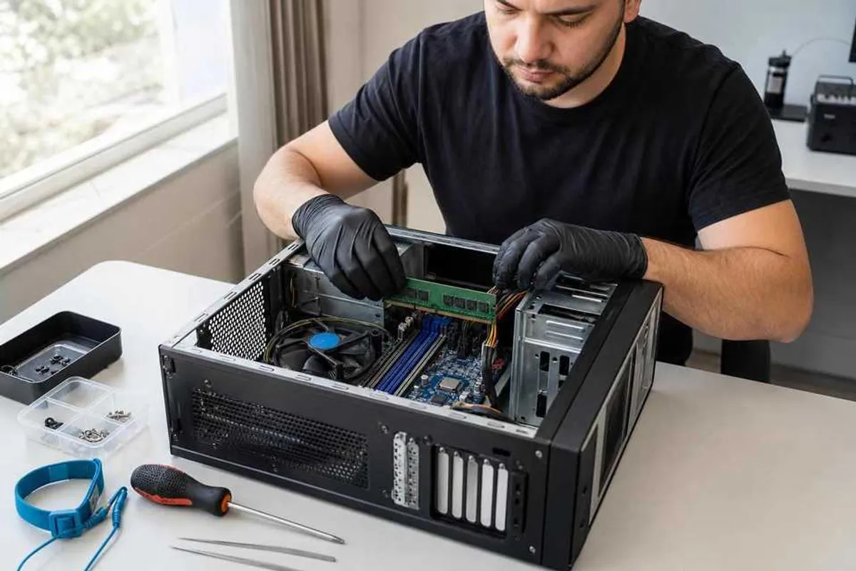 Técnico instalando memória RAM em computador desktop em bancada de assistência técnica