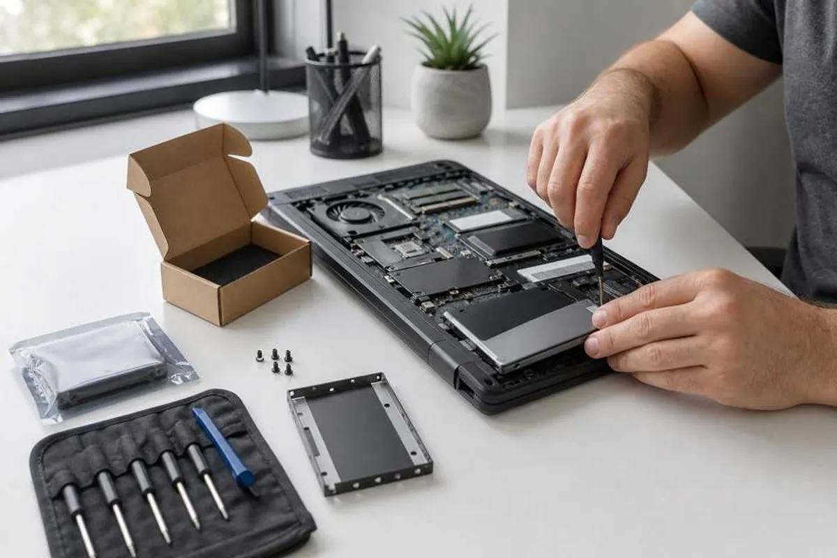 Técnico trocando HD por SSD em notebook aberto em bancada de assistência de computador