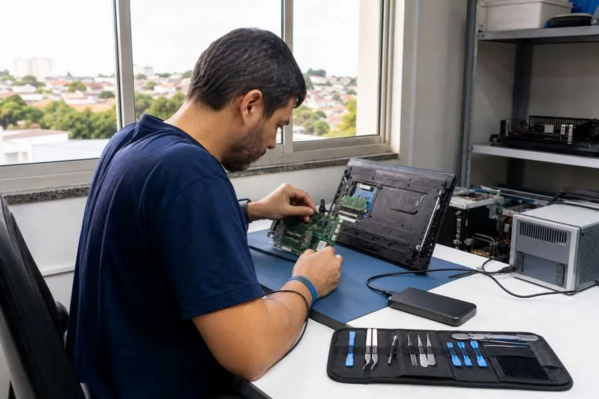 Técnico recuperando arquivos de notebook em bancada de assistência de computador