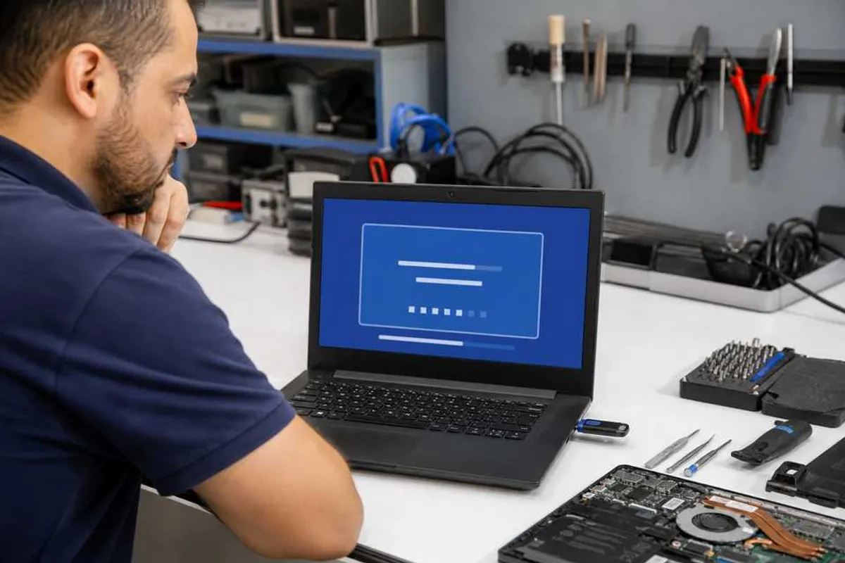 Técnico instalando Windows em notebook em assistência de computador