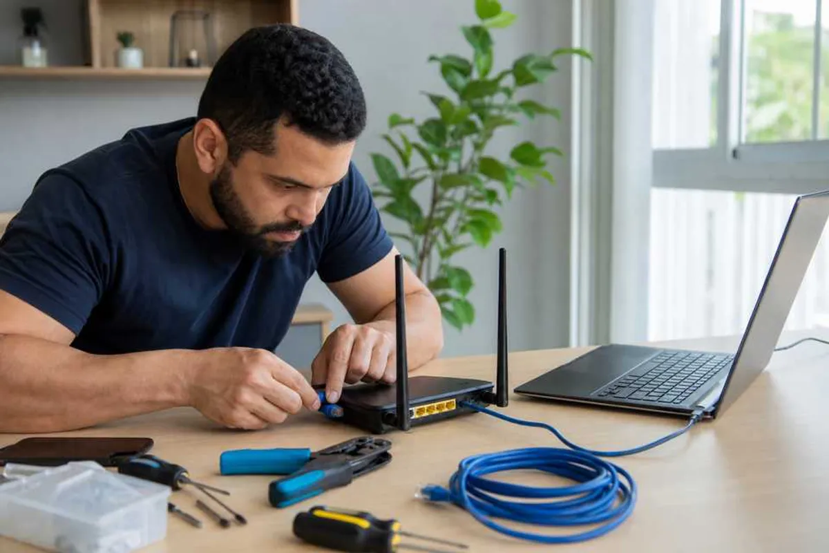 Tecnico configurando roteador Wi-Fi e notebook em atendimento de assistencia de computador