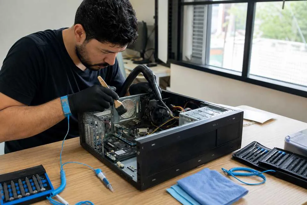 Tecnico realizando manutencao preventiva em computador desktop aberto sobre bancada