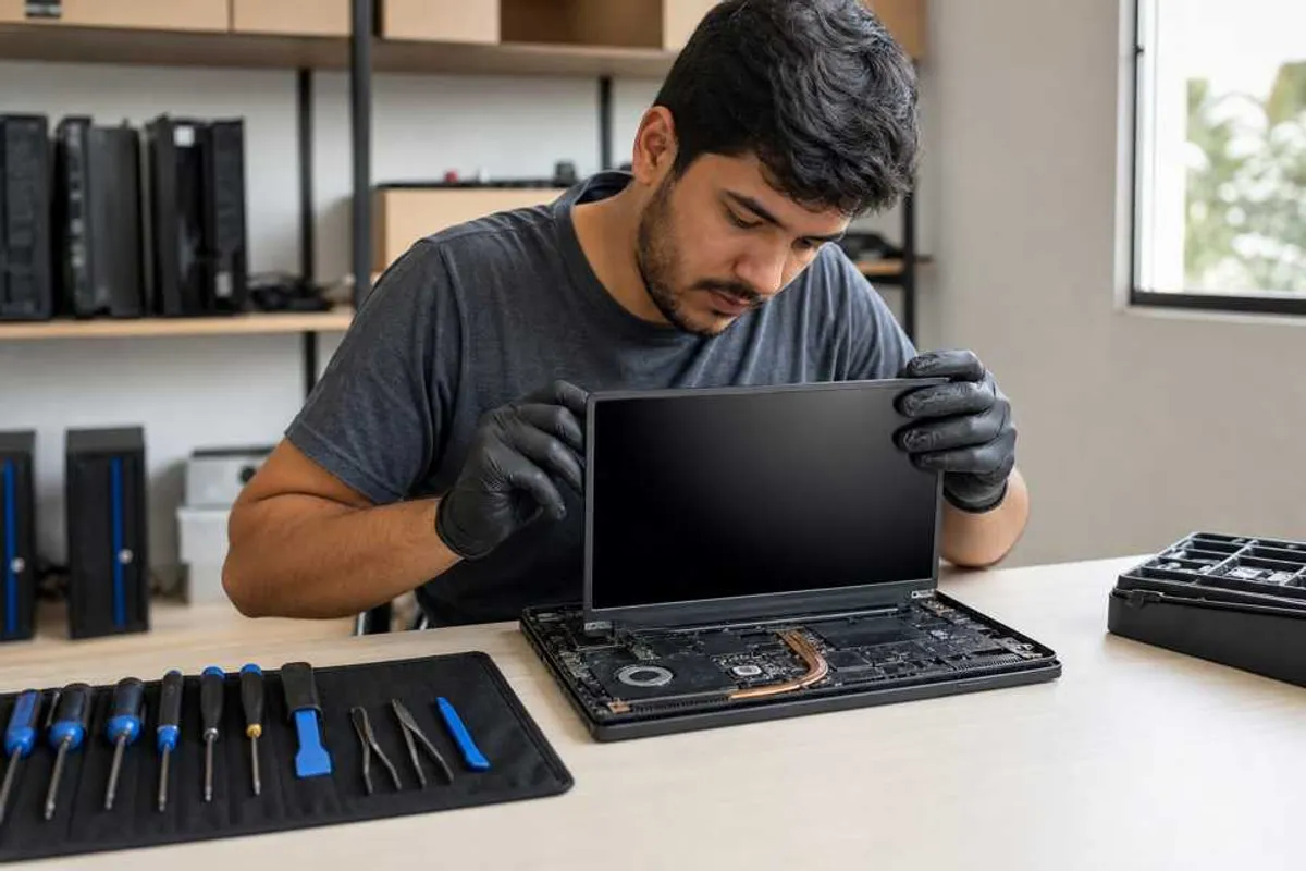 Técnico substituindo a tela de um notebook em bancada de assistência técnica