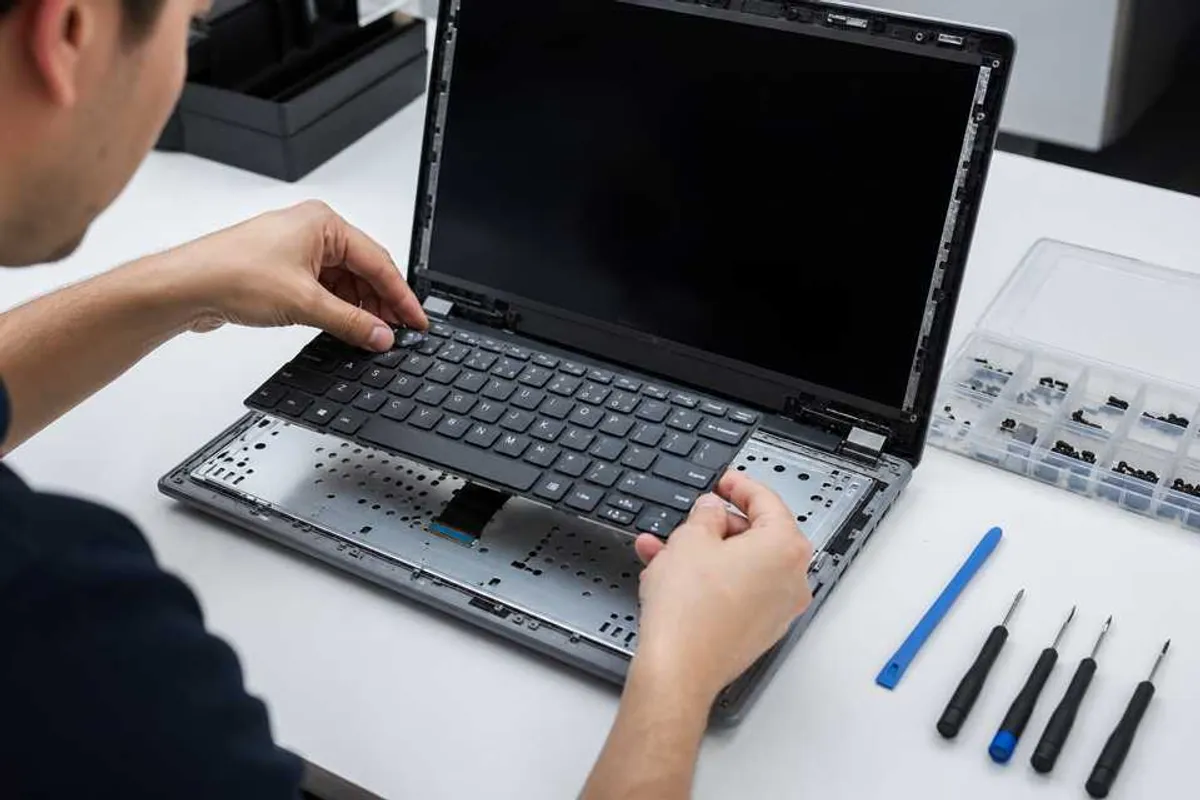 Técnico trocando o teclado de um notebook em bancada de manutenção