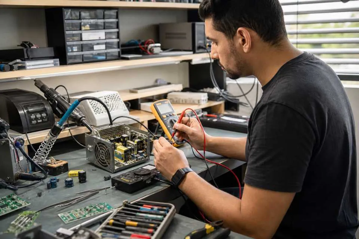 Técnico reparando fonte de computador e carregador de notebook em bancada de assistência