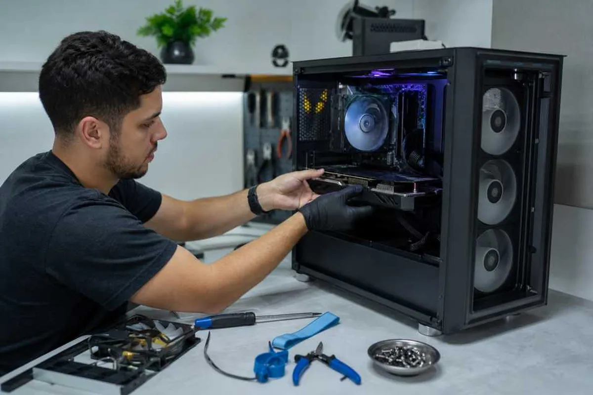 Técnico montando computador gamer em bancada de assistência técnica