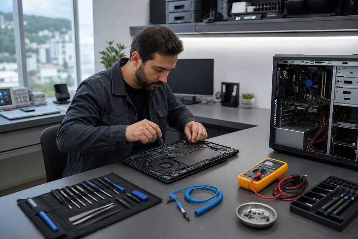 Técnico realizando conserto de computador em bancada de assistência no Córrego Grande