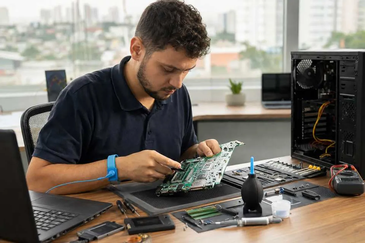 Assistência técnica realizando conserto de computador em bancada para clientes de Santa Mônica